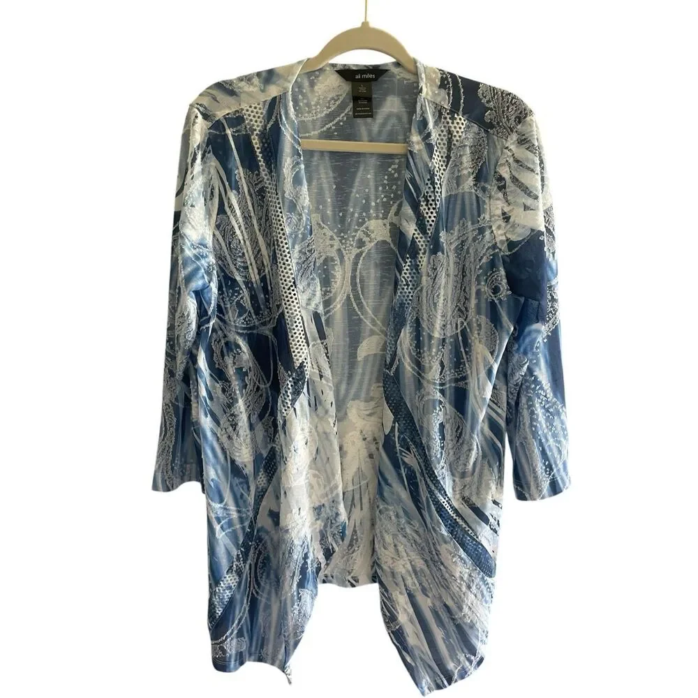 Ali Miles Blue Kimono Cardigan Women’s Large Resort Wear Sheer Swimsuit Coverup